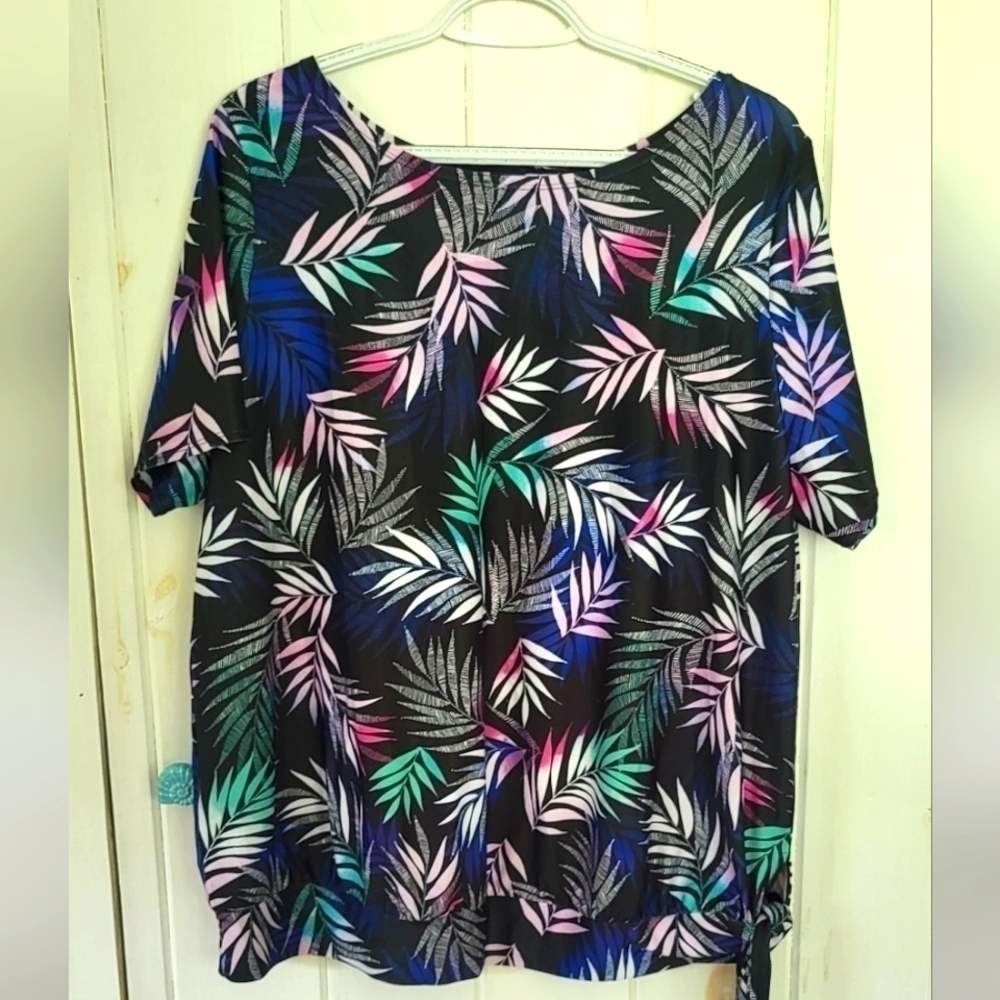 Tropical Leaf Print Side Tie Swim Rash Guard Shirt